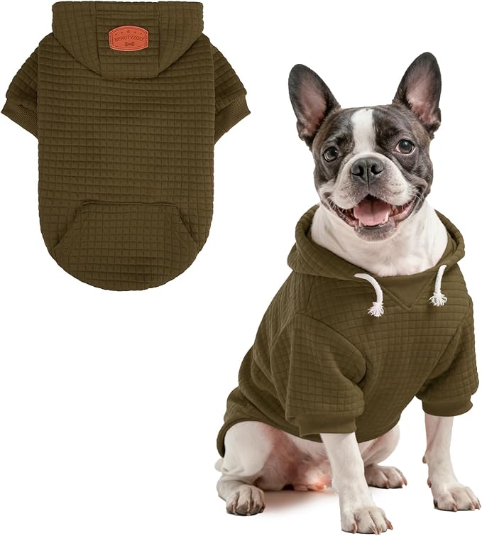 BEAUTYZOO Small Dog Hoodie Sweater with Pockets, Dog Clothes for Small Medium Dogs Boy Girl, Waffle-Like Laminated Cotton Pet Coats with Hat and Leash Hole, Army Green M