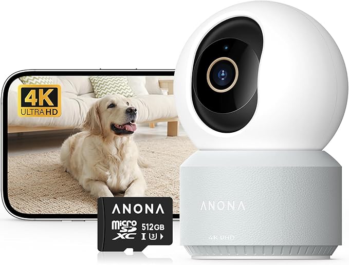 Anona 4K UHD Indoor Camera with 512GB SD Card, Pet/Dog/Baby Security Camera with Phone App, 360° Pan-Tilt, 2.4G/5G Wi-Fi 6, Auto-Tracking, Person/Pet/Baby Crying Detection, Privacy Mode, Two-Way Audio