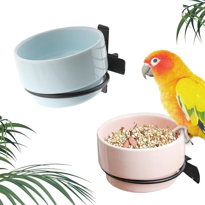 2 Pack Detachable Hanging Ceramic Bird Bowl Food Cup Convenient Hanging Water Feeder for Cage Small Canary Finch Parakeet Budgie Cockatiel Lovebird (Blue and Green)