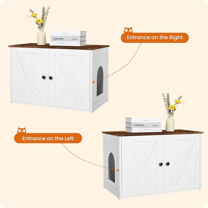Dwanton Litter Box Enclosure, Cat Litter Box Furniture Hidden, Reversible Entrance Can Be on Left or Right Side, Wooden Cat Washroom Indoor, White and Rustic Brown, 27.6 Inches