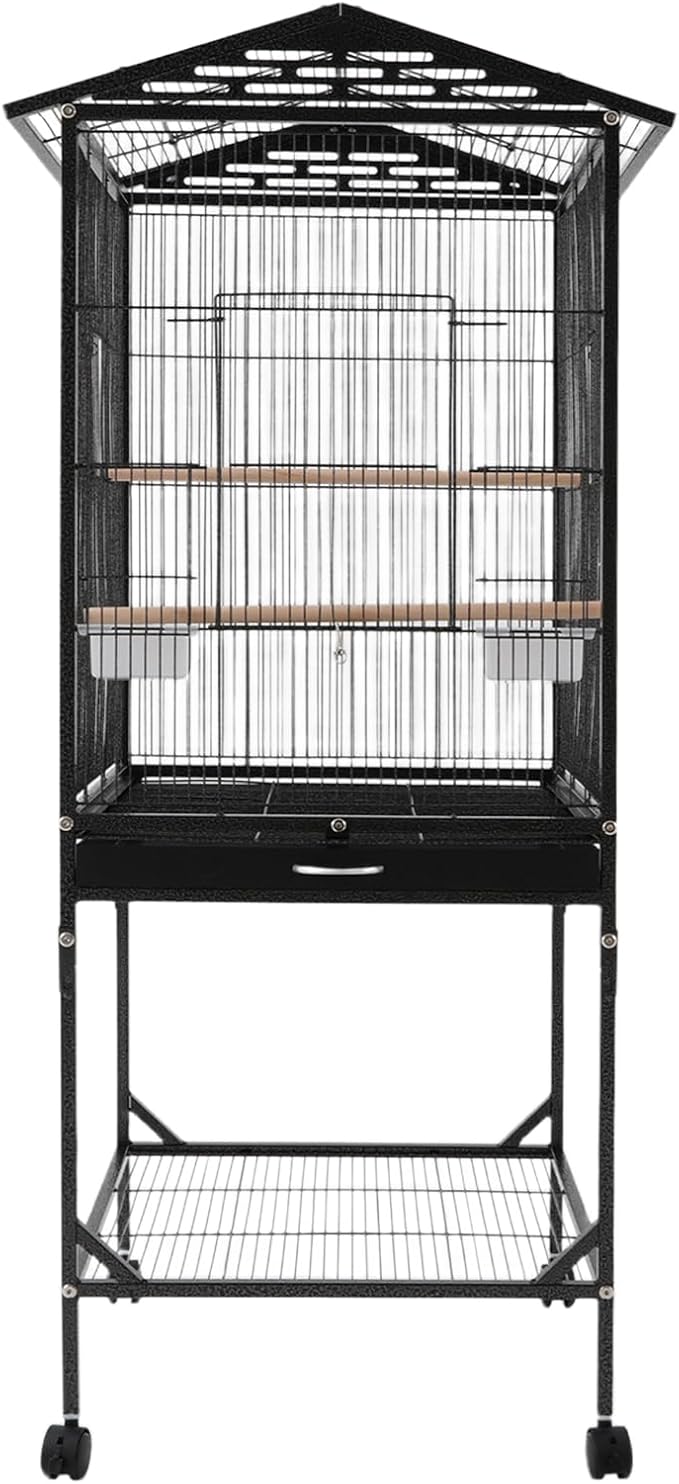 18x18x49 in Iron Flight Bird Cage, Freestanding Parakeet Bird Cage, Pigeons Parrot Birdcage, Large Parakeets Cage with 4 Universal Wheels, 3 Wooden Stands, 2* Feeding Cups and Slide-Out Tray (Black)