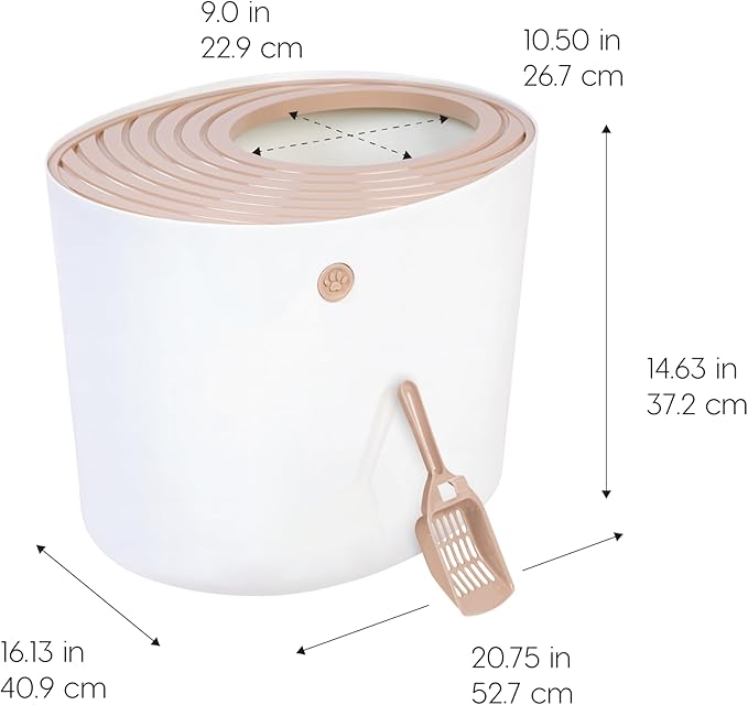 IRIS USA Large Top Entry Cat Litter Box with Lid Enclosed Covered Hooded Design Litter Catching Scatter Shield Pan Dog Proof Pet Proof Scoop Included Odor Control for Indoor Cats Kittens Beige/White