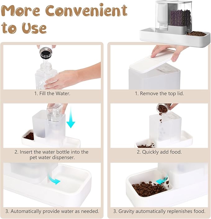 Automatic Cat Feeder and Water Dispenser, 2 in 1 Gravity Pet Food Feeder and Water Dispenser Detachable Cat Food Dispenser for Small Dogs and Cats, White