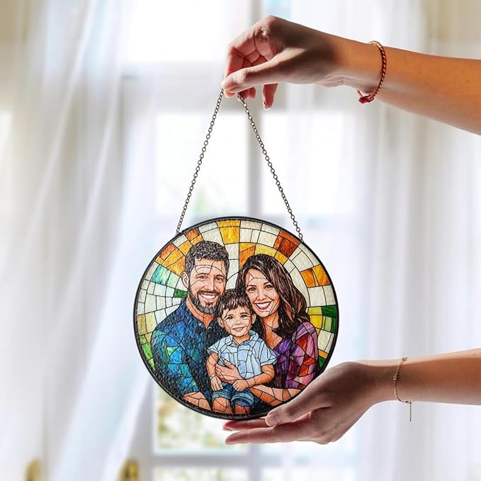 Custom Family Portrait Glass Catcher, Custom Portrait Stained Glass Catcher for Window Hanging, Gift for Dad, Personalized Family Portraits Stained Glasss Catchers, Memorial Gifts /16