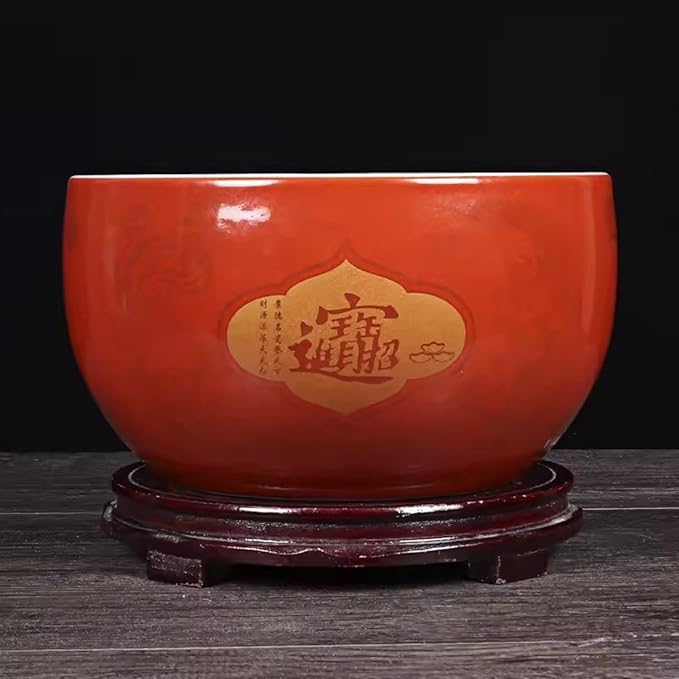 Fish Tank Treasure Bowl Ceramic Fortune Fish Tank Desktop Ceramic Small Treasure Bowl Turtle Feeding Bowl Aquarium(Red,21x13cm)