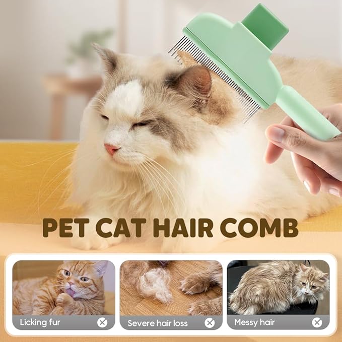 Self Cleaning Pet Hair Removal Comb, Pet Comb with Long Short Stainless Steel Metal Teeth, Cat Grooming Brush, Pet Grooming Supplies for Cat, dog (A - Green - 1 pcs)