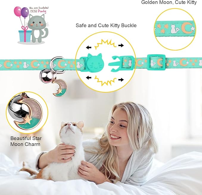 Baeuppit 2PCS Breakaway Cat Collars with Bell Moons Stars Cute Kitty Adjustable Safe Kitten Collars with Pendant Glow in The Dark(Purple&Teal)