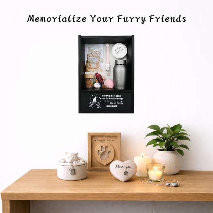 Pet Memorial Shadow Box Keepsake 9.2x13 Cat Memorial Gifts for Loss of Cat Death Sympathy Remembrance Bereavement Gift Large Pet Memory Box Frame Display Case with Deep Rainbow Bridge Drawer