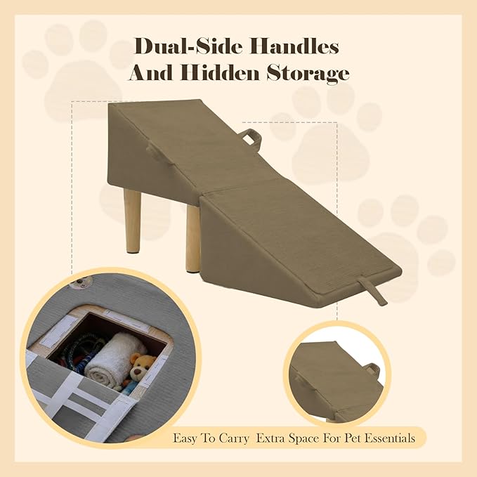 Split Ottoman Dog Ramp for Couch and Low Bed, 2-in-1 Foldable Dog Stairs for Small Dogs and Cats, Wooden Pet Ramp with Non-Slip Surface, Portable Step Stool Design. Coffee