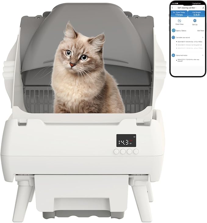 Automatic Cat Litter Box Self Cleaning - App Control, Open-Design, Smart Health Monitor, Suitable for Medium Cats and Kittens, Anti-Pinch Safety, Quiet Operation - White