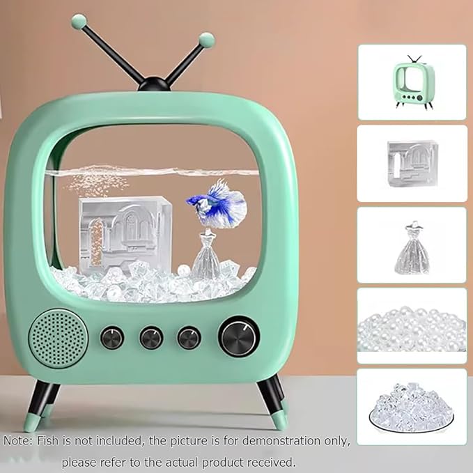 Fish Tank Mini Aquarium,Realistic TV Styling,Small Betta Fish Tank Starter Kit,Desktop Fish Bowl for Desk Display with Lights,Helping Cats Fight Depression,Green c