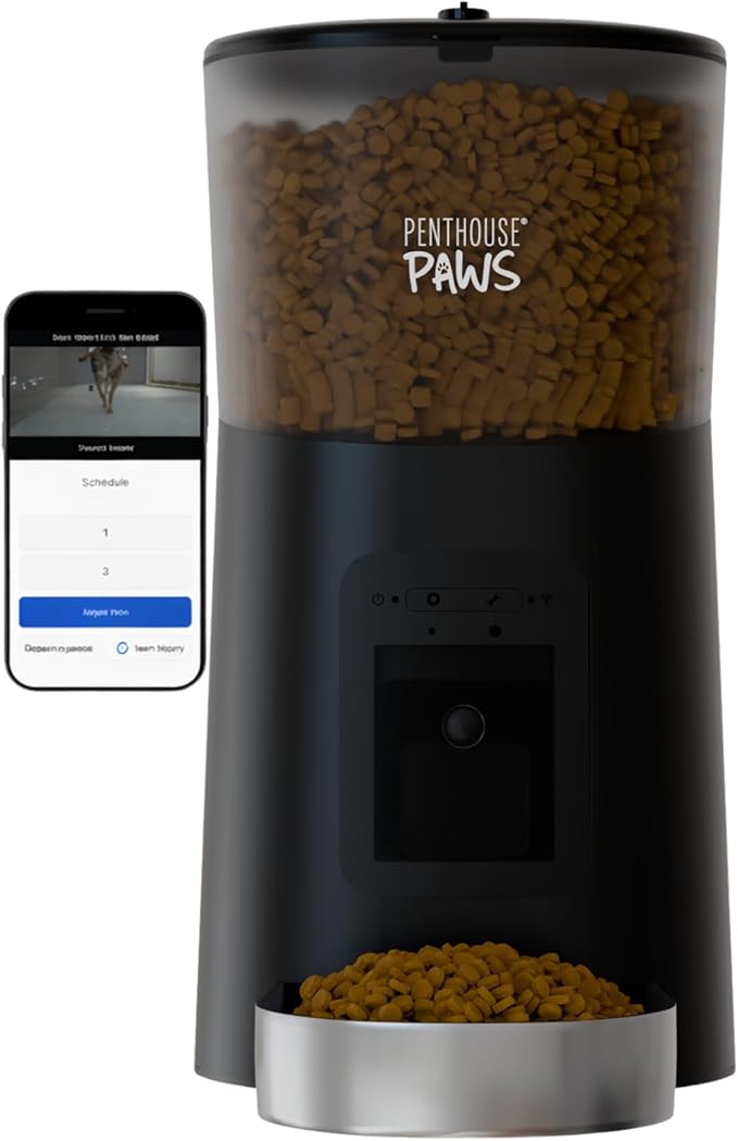 Penthouse Paws Smart HD Automatic Pet Feeder, 6L Dry Food Capacity, 1080p Camera, 2-Way Audio, Scheduled Meals, Backup Power, Easy to Clean, Anti-Jam Design for Cat & Dog, Black/Stainless Steel