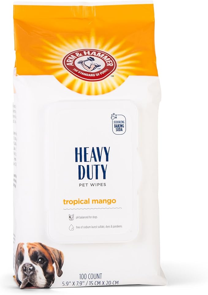 Arm & Hammer for Pets Heavy Duty Multipurpose Dog Wipes, Paw and Butt Wipes for Dogs to Help Clean Deodorize and Freshen Coat and Skin Between Baths, Mango Scent, 100 Count - 3 Pack