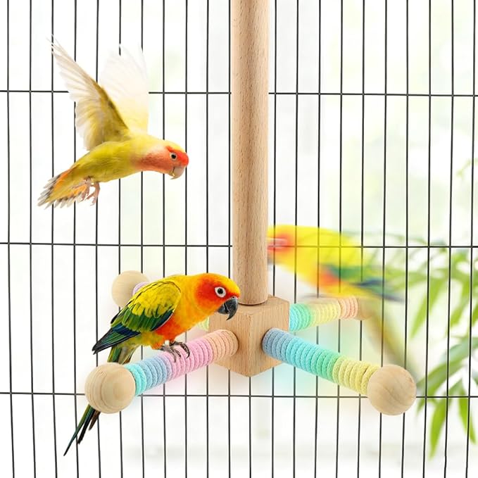 Spinning Bird Perch Toy, Interactive Wooden Exercise Stand with 4 Rotating Perches for Parakeets, Budgies, Cockatiels, Conures & Small Medium Parrots(Colorful,Size:/)