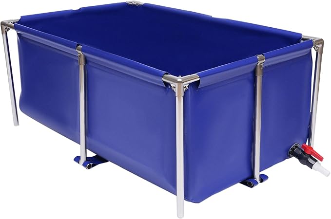 Canvas Fish Pond Aquarium Fish Water Tank, Koi Breeding Pond with Metal Frame and Drain Valve,Blue Cuboid Ornamental Swimming Pool Foldable Water Storage Above Ground Pond for Home