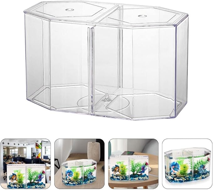 Acrylic Fish Tank Isolation Box with Two Compartments 7.87X4.72X4.33 Inch Clear Octagonal Breeding Tank for Betta and Small Tropical Fish Home Aquarium