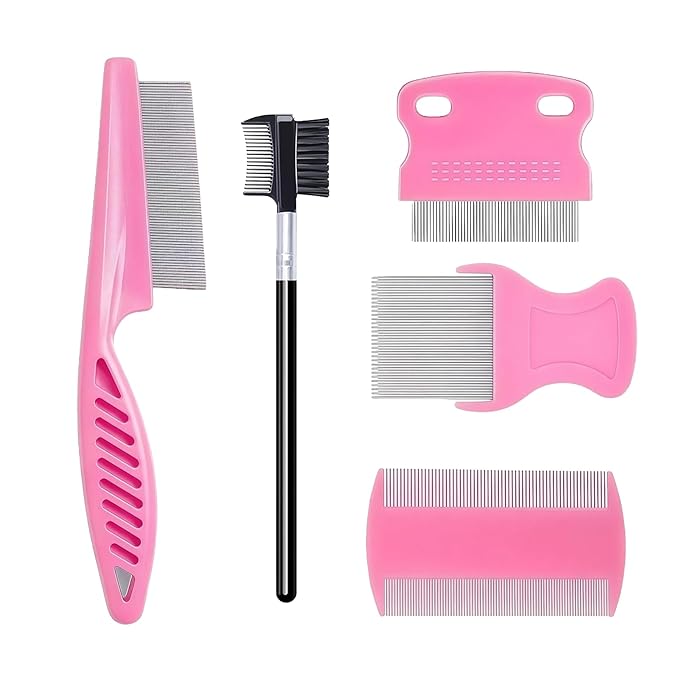 5 Pack Flea & Lice Comb Set for Cats, Dogs & Kids – Stainless Steel Fine Tooth Nit Comb Kit with Double-Sided Tear Stain Remover, Grooming Brush & Peine para Piojos for Thick Hair (Pink)
