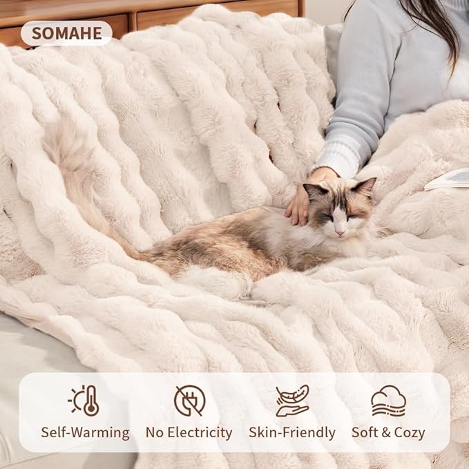 Self-Warming Cat Blanket for Indoor Cats & Small Dogs, Dual-Side Sherpa Plush Throw, Anti-Static Shared Couch Mat for Crate & Travel, Machine Washable No Shrink, 28x22 Inch White