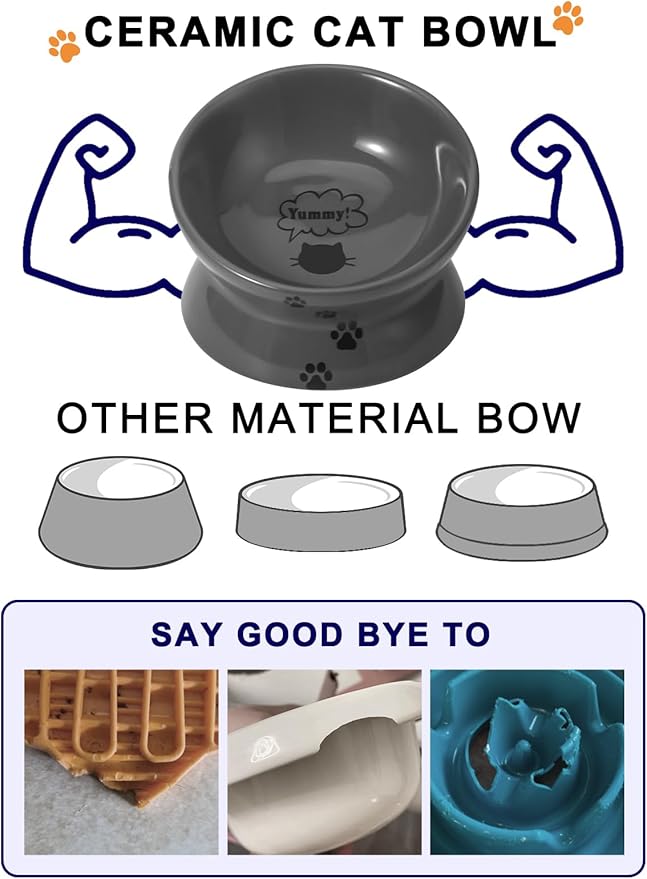 Y YHY Raised Cat Food Bowl, Ceramic Elevated Bowl, Protects Cat's Spine, Anti Vomiting, Backflow Prevention, Grey