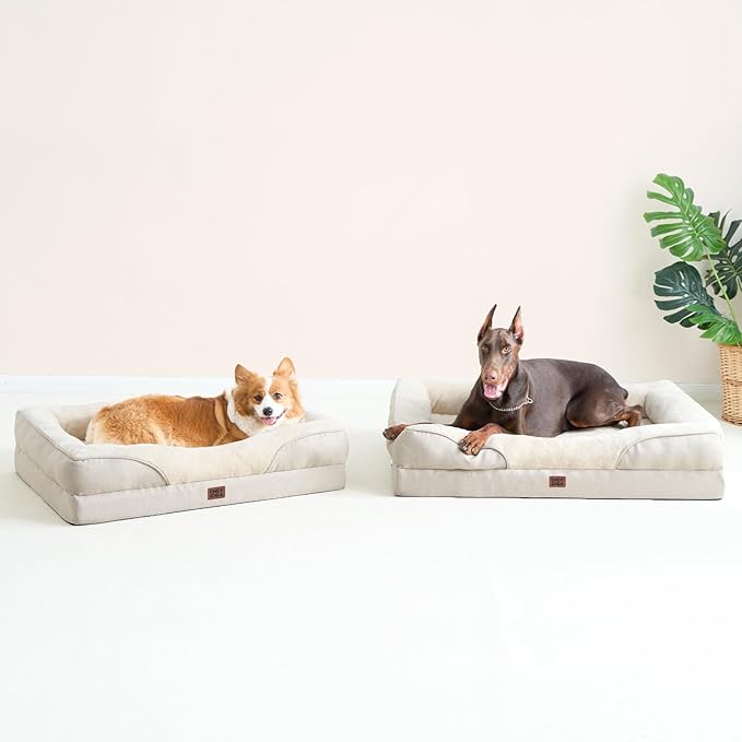 EHEYCIGA Orthopedic Dog Bed for Large Sized Dog, 41x27x7.5 Inch Large Memory Foam Dog Couch Bed with Sides, Waterproof Liner & Washable Removable Cover, Bolster Pet Sofa, Beige