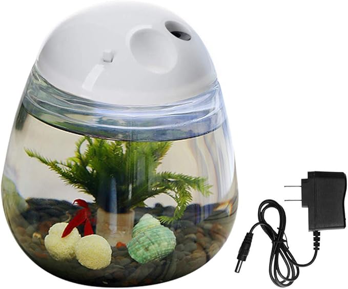 Mini Betta Fish Tank, Small Fish Bowl, Plastic Fish Tank with Lid, Desktop Clear Round Fish Bowl and LED for Small Fish, Insect, Shrimp, Crab, Jellyfish Goldfish, Room Decor (with Charger Pattern)
