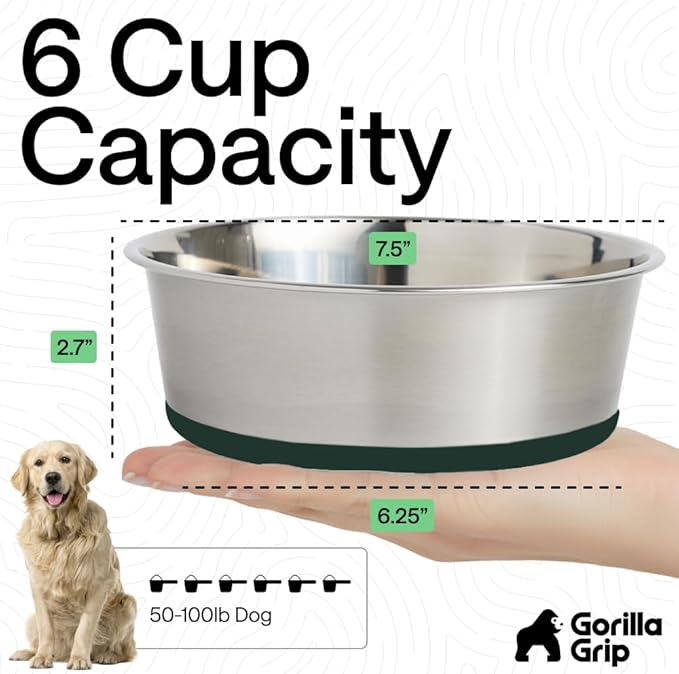 GORILLA GRIP Dog Bowls, Heavy Duty 304 Stainless Steel, Holds 6 Cups Each (48 fl oz) Food and Water Bowl for Feeding Dogs and Cats, Dishwasher Safe, Rust Resistant, BPA Free Rubber Base Set of 2 Green