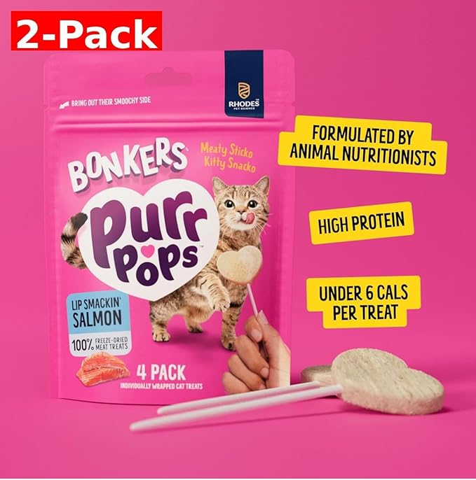Bonkers Purrpops, Freeze Dried Salmon Flavored Lollipop Cat Treats, Cat Treats, Treats for Training, for All Breeds and Ages, Food Topper (8 Pieces) 2-Pack