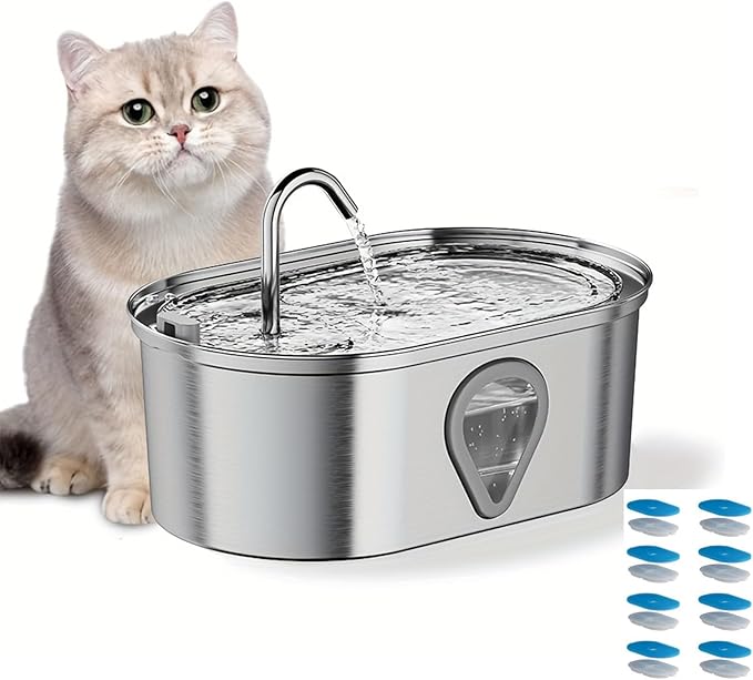 NPET WF170 Cat Water Fountain Stainless Steel: 3.5L/118oz Pet Fountain Water Bowl Dog Drinking Dispenser Dish Animal Feeding & Watering Supplies with 8 Replacement Filters (Water Fountain+8 Filters)