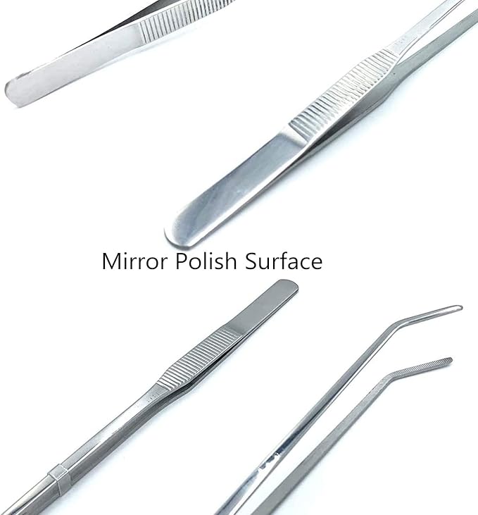 2PCS Aquarium Tweezers Stainless Steel Straight and Curved Tweezers Set Long Handle Reptile Feeding Tongs for Aquatic Plants Lizards Spider Snakes Garden Repairing - 10.6inch, Silver