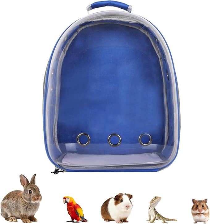 Transparent Parrot Backpack,12 Holes Ventilate Space Capsule Carrier,Stick Wooden Standing Perch,Portable Double Shoulder Outdoor Pet Backpack Carrier for Birds and Pets (Blue,Without Stick)