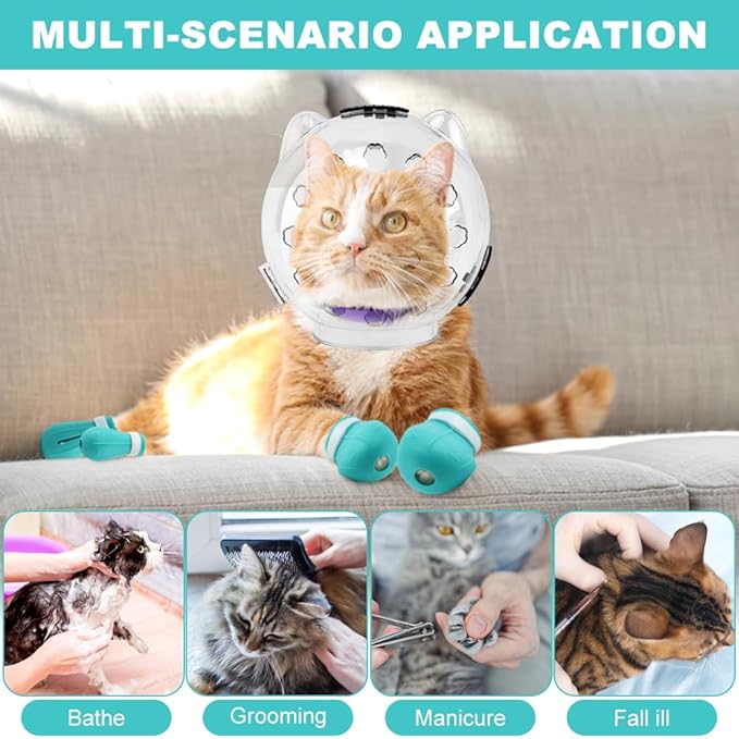 Breathable Cat Muzzle with Anti-Scratch Silicone Boots, Adjustable Transparent Helmet & Grip Socks for Grooming, Vet Visits, and Nail Trimming(Size:M)
