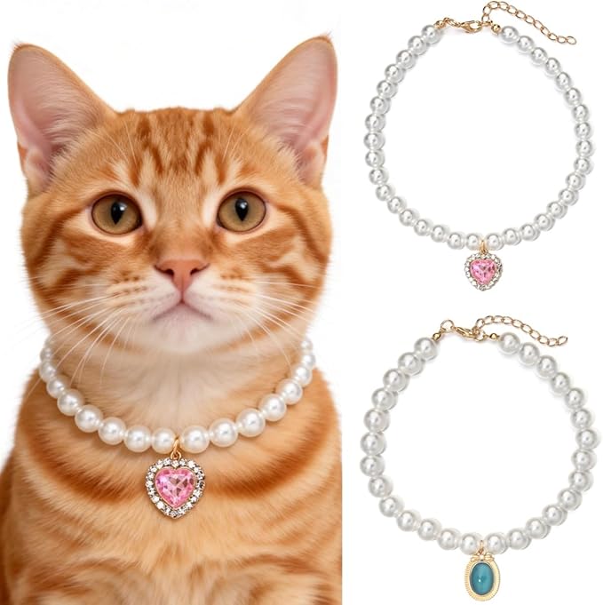 Cat Dog Sparkle Jewelry Pearl Collar Puppy Kitten Rhinestone Pendant Adjustable Charm Necklace for Small Pets Wedding Photography 2 Pack (Pink and Royal Blue)