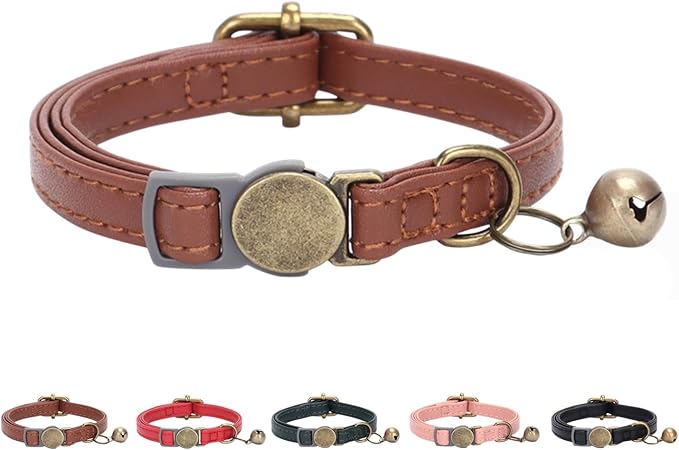 THAIN Leather Cat Collar with Bell Breakaway- Adjustable, Durable, Retro Bell fit Most Cats and Kittens (Brown)