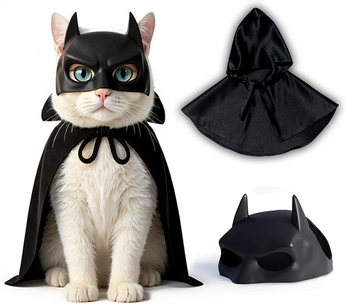 Black Bat Cat Mask and Cloak Costume for Indoor Cats, Funny Superhero Pet Outfit for Christmas, Cosplay, Parties and Photoshoots, Hooded Cape for Cats – Big Size