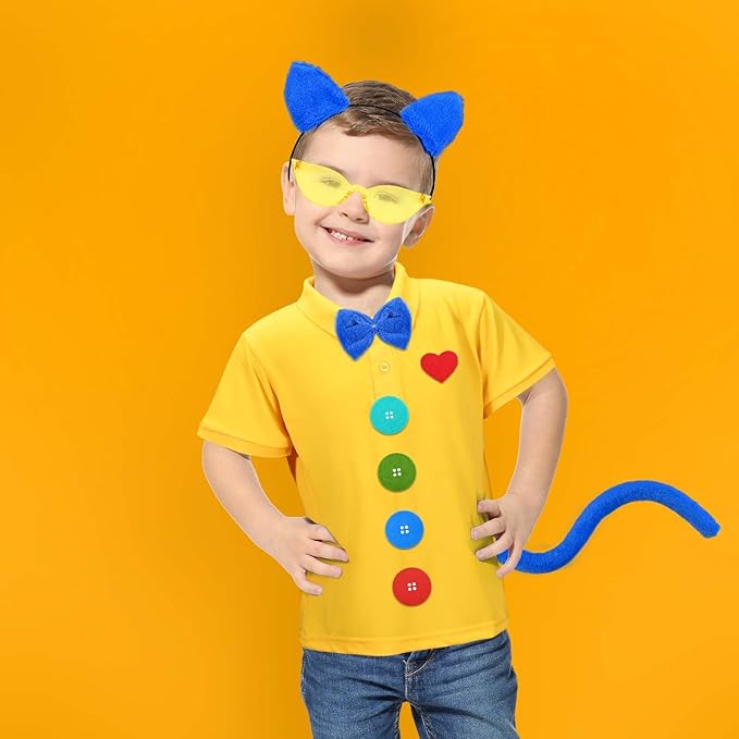 Blue Cat Costume Set Including Cat Ears Headband Yellow T-shirt Glasses for World Book Day Cosplay Party Supplies