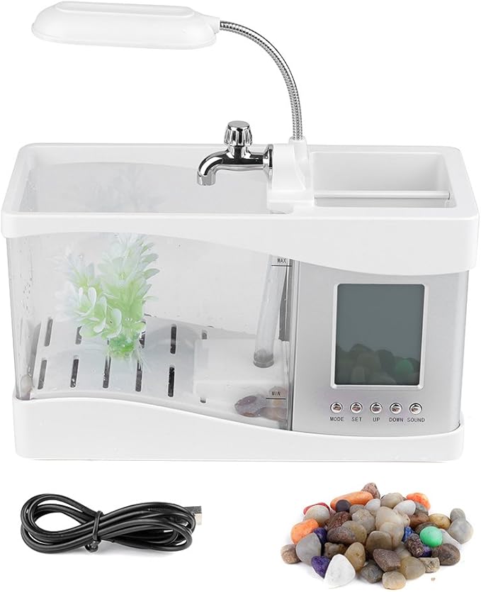 Multifunctional Mini Fish Tank, Desktop Fish Tank Aquarium USB Rechargeable Mini Fish Tank Aquarium Mini Fish Bowl with Clock Function LED Light (White)