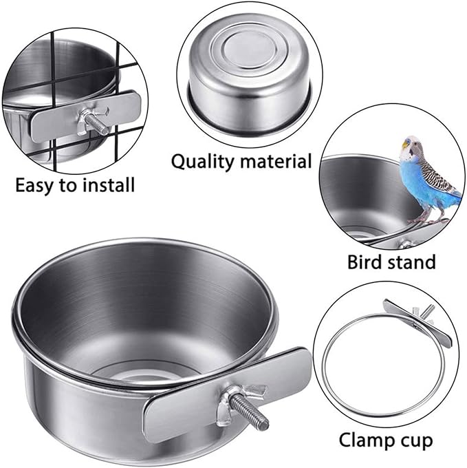 4 pcs Bird Feeding Dish Cups, Parrot Stainless Steel Food Bowl Cage Water Feeder with Clamp Holder for Parrots Cockatiel Budgies Lovebird Parakeet Feeding Cups with 4 Spoon