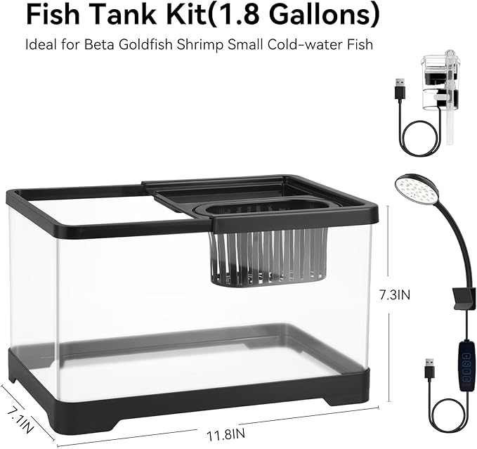 1.8 Gallon Beta Fish Tank Aquariums Kits - Clear Small Fish Bowl Starter Kit with LED Light, Water Filter Pump, Hydroponic Basket - Beginner's Gift for Guppy Shrimp Goldfish, Rectangular