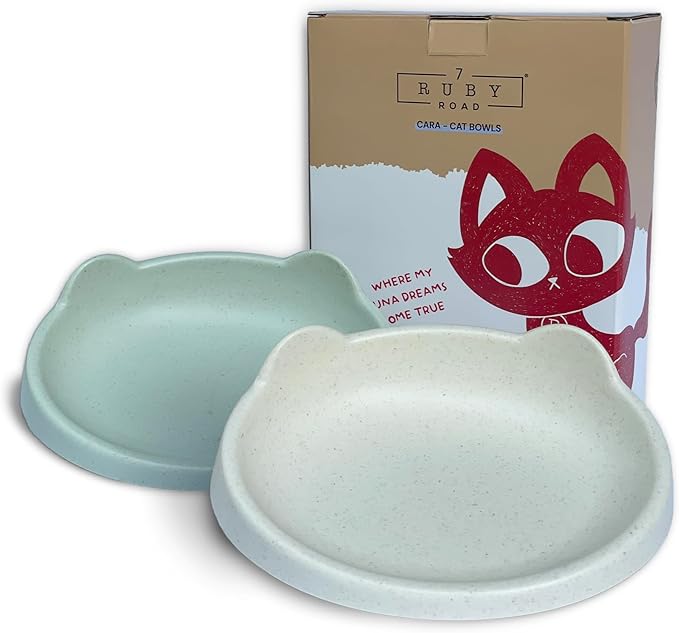 7 Ruby Road Anti Whisker Fatigue Cat Bowl, Set of 2 - Wide Food Bowls, Wet and Dry Shallow Food Dish, Small Cat Dishes for Indoor Cats, Cute Kitten Bowls Whisker Friendly & Relief, Non-Slip Plates