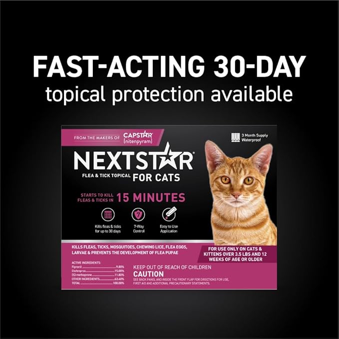 NEXTSTAR Flea and Tick Prevention for Cats, Repellent, and Control, Fast Acting Waterproof Topical Drops for Cats Over 3.5 lbs, 3+1 Month Bundle