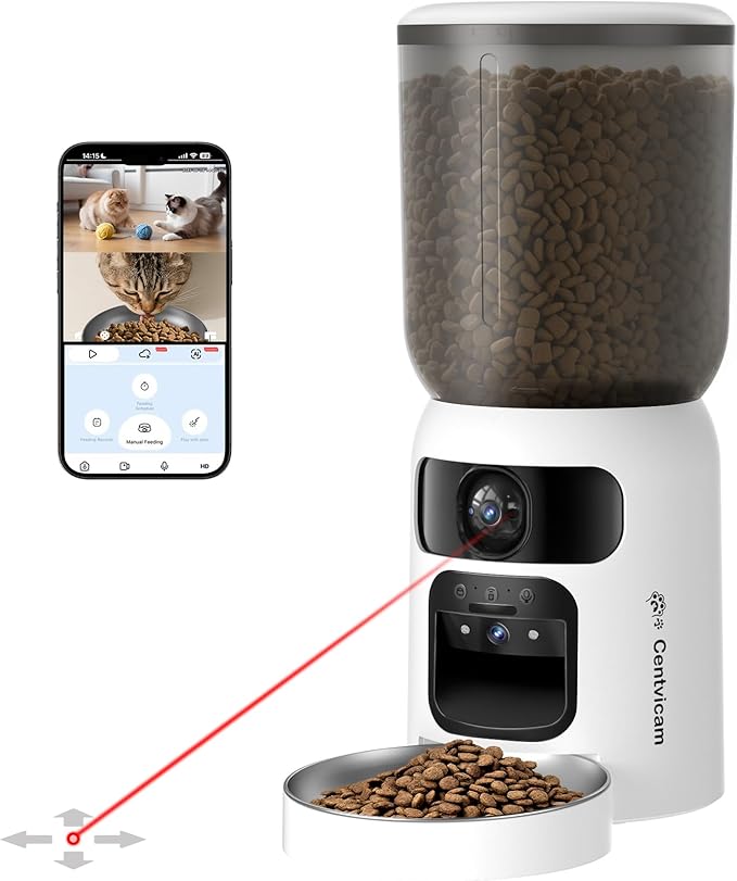 Automatic Cat Feeder with Dual 2K Camera, 5G WiFi with Night Vision, Cat Food Dispenser with App Controlled Pet Feeder, 2-Way Audio, Pet Feeder for Vacation & Work, Freshness Seal, Black