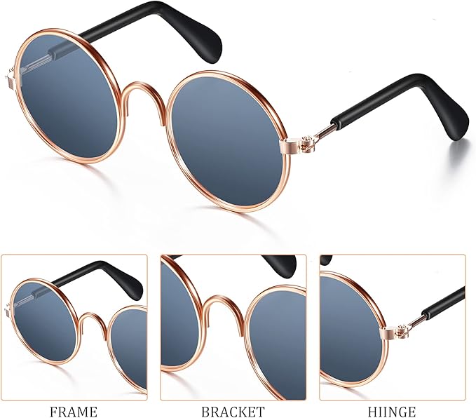 10 Pieces Cat Dog Sunglasses Funny Pet Glasses Round Metal Small Classic Retro Sunglasses Pet Hippie Cute Dog Cat Cosplay Party Costume Photo Props Cosplay Glasses(Grey)