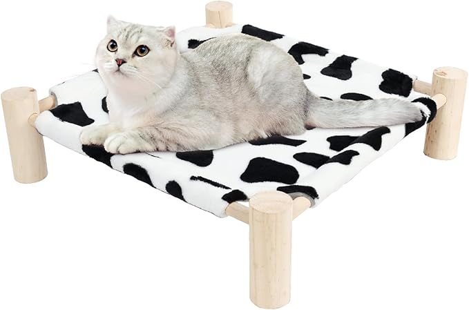 Patas Lague Cat and Dog Hammock Bed for Small Dogs, Brethable Wooden Cat Pet Rabbit Elevated Outdoor Bed Cots Furniture for All Seasons Fleece Cow Print