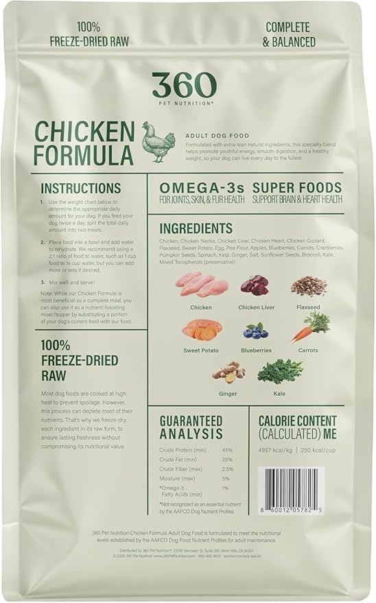 360 Pet Nutrition Freeze-Dried Raw Dog Food – Chicken Recipe with Liver & Organs, High Protein, Omega-3s, Fruits, Veggies & Superfoods, Grain-Free, No Filler 2 x 48 oz Made in USA