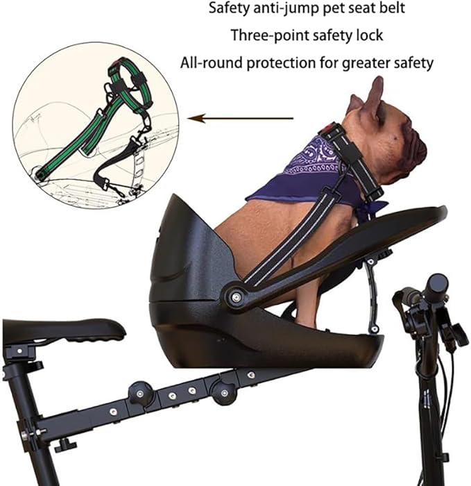Dog Bike Seat – Front Bicycle Pet Seat with Adjustable Bracket, Backrest Angle & 3-Point Safety Harness, Footrest Extension, Fits 30–34 Mm Seat Tubes – Small Dog Bike Carrier(Black)
