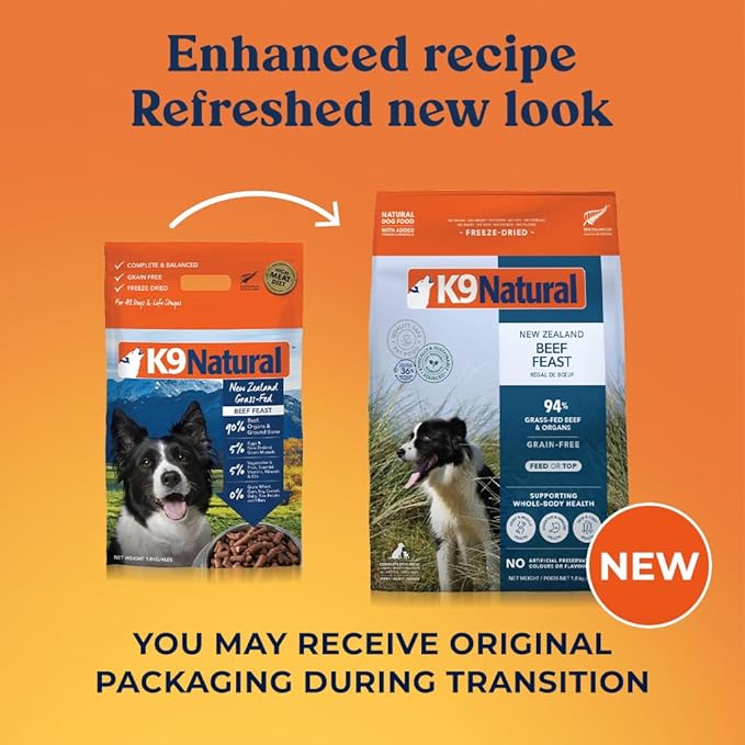 K9 Natural Beef Freeze Dried Dog Food, High-Meat Natural Complete Meal or Meal Toppers for Dogs, Grass-Fed Beef from New Zealand, Grain-Free, GMO-Free, Complete & Balanced Nutrition, 4lb