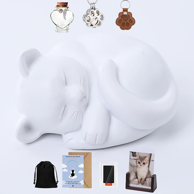 Pet Cat Urns for Ashes, Sleeping Resin Cremation Animal Urn and Sealed Bag, Decorative Memorial, Fur Keepsake, Ashes Necklace, Keychain, Inkless Paw Print Kit, Picture Frames, Sympathy Cards