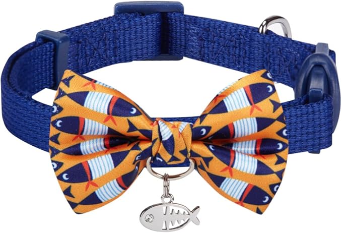 Blueberry Pet Timeless Navy Blue Cat Collar with Bells, Chic Fish Print, Handmade Bow Tie, Christmas Cat Collar, Adjustable 9"-13", Eco-Friendly, PRECIOSA Crystal, Gift for Cat Lovers