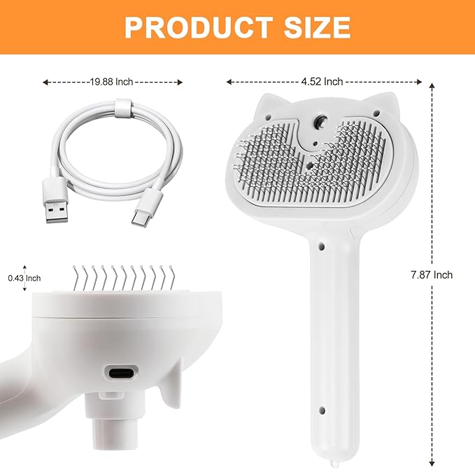 Pet Steam Brush for Dogs, 4 in 1 Cat Steam Brush for Long Short Haired, Self Cleaning Brush for Shedding, Metal Pet Misting Hair Comb with Handle for Grooming Kitten Dog(White)