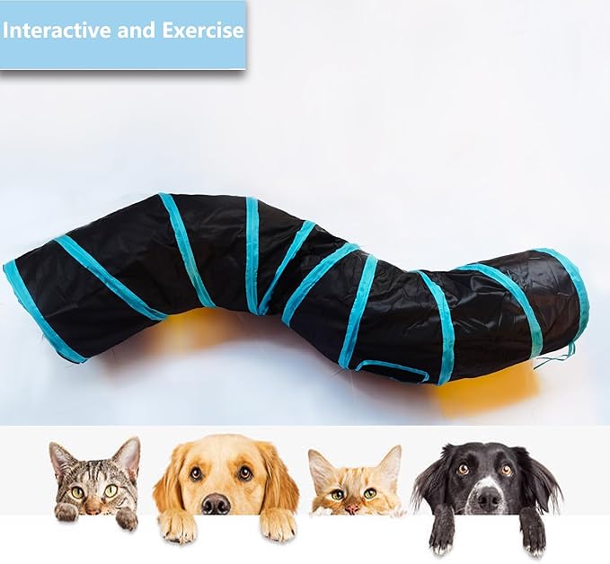 Cat Tunnel Tube Toys，Tunnels for Indoor Cats, S-Shape Blue Collapsible Interactive Toy with Balls for Rabbits, Kittens, Ferrets, Puppy